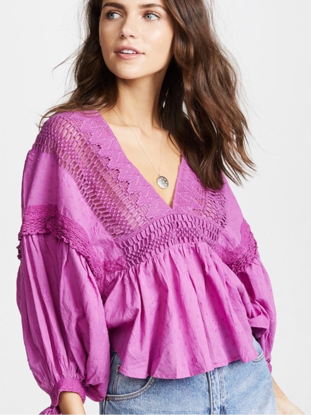 Free People Drive You Mad Neon Orchid Large Peasant Swiss Dot Purple Tie Sleeve